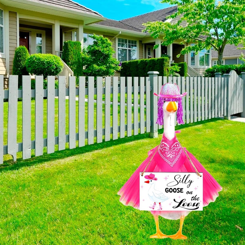 Bafeil Store Cowboy Porch Goose Outfit Set for 23" Cement/Plastic Lawn Goose Statue - Silly Goose on The Loose Sign with Hat, Bandana, Lace Tutu Skirt Funny Wigs for Garden Party Yard Outdoor Decor - Image 2
